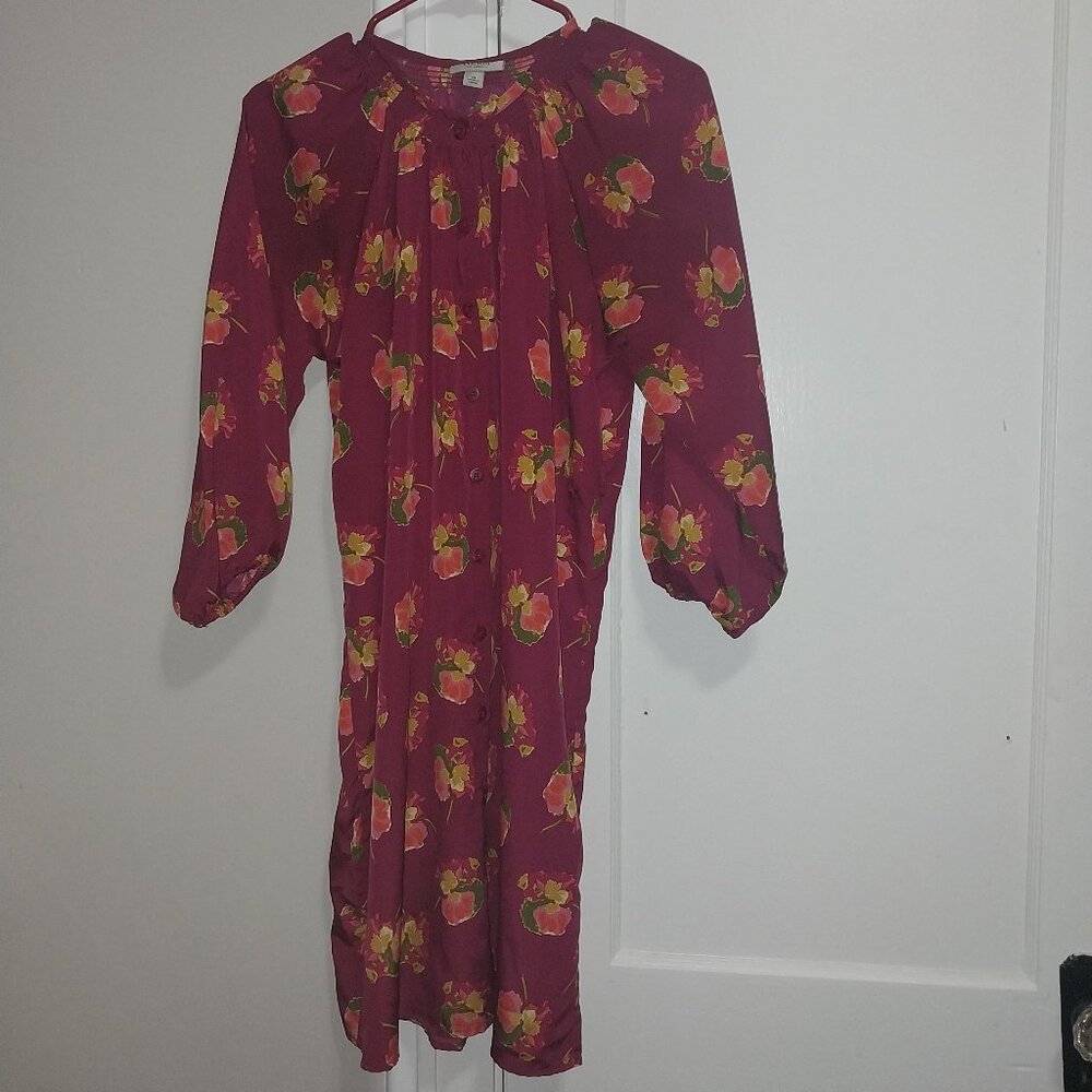 Deep Burgundy Casual Dress with 3/4 Bishop Sleeves and Crew Neck